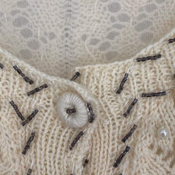Vtg Doreen Hand Knit Cardigan Sweater Ivory Seed Bead Pearl Lined EU 40/ US 8-10 - Picture 3 of 13